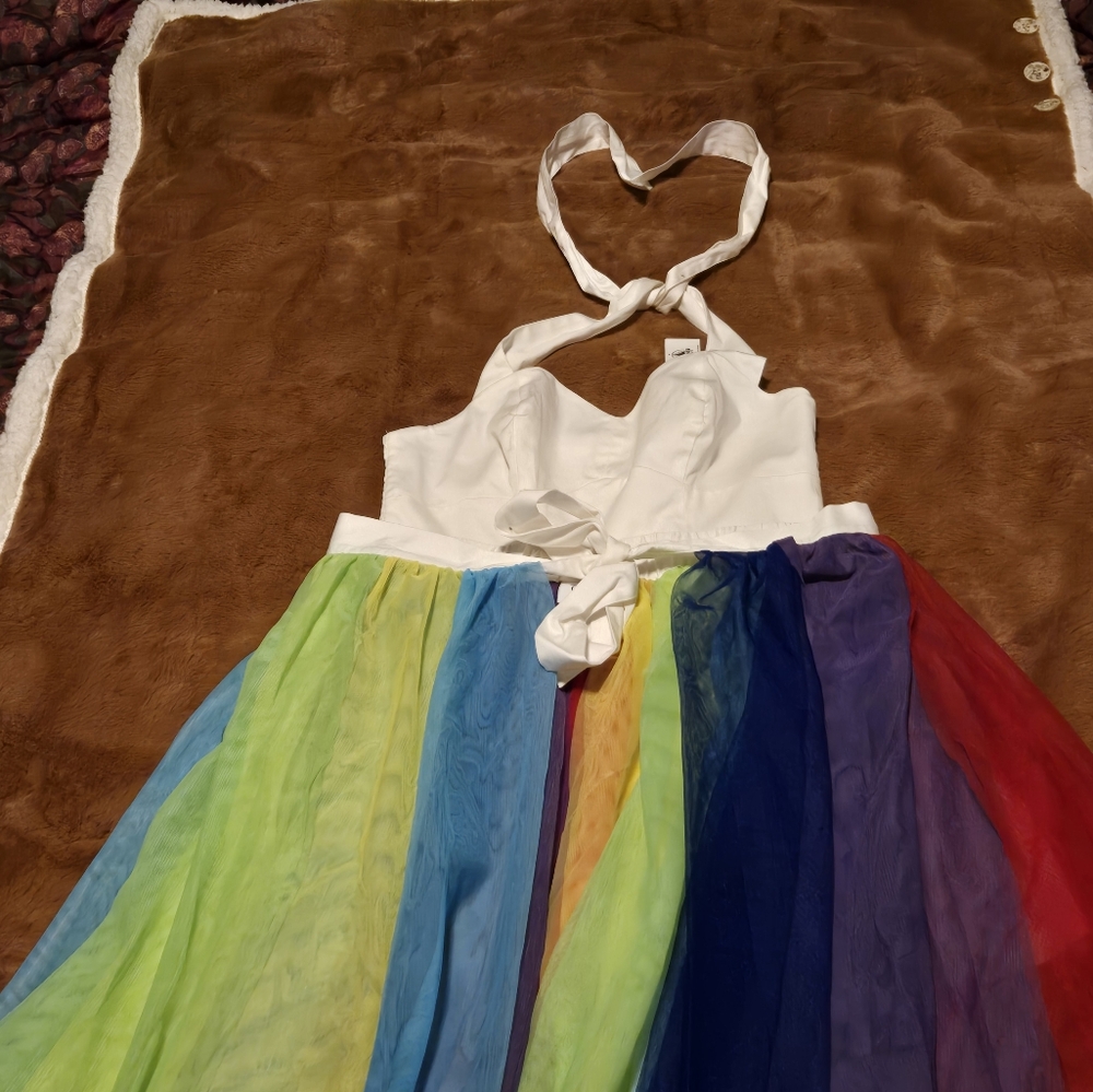 Disney White Halter Jumpsuit with Rainbow Chiffon Skirt